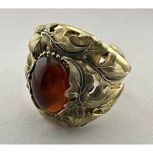 Vintage Whiting & Davis Bracelet Amber Glass Cabochon Leaf Cuff Hinged Statement